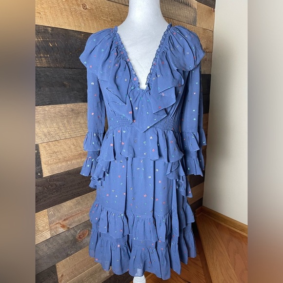 Rebecca Taylor 100% Silk Ruffle Mini Dress Glitter Gem Blue Dot Revolve, Size 8 - Picture 1 of 11